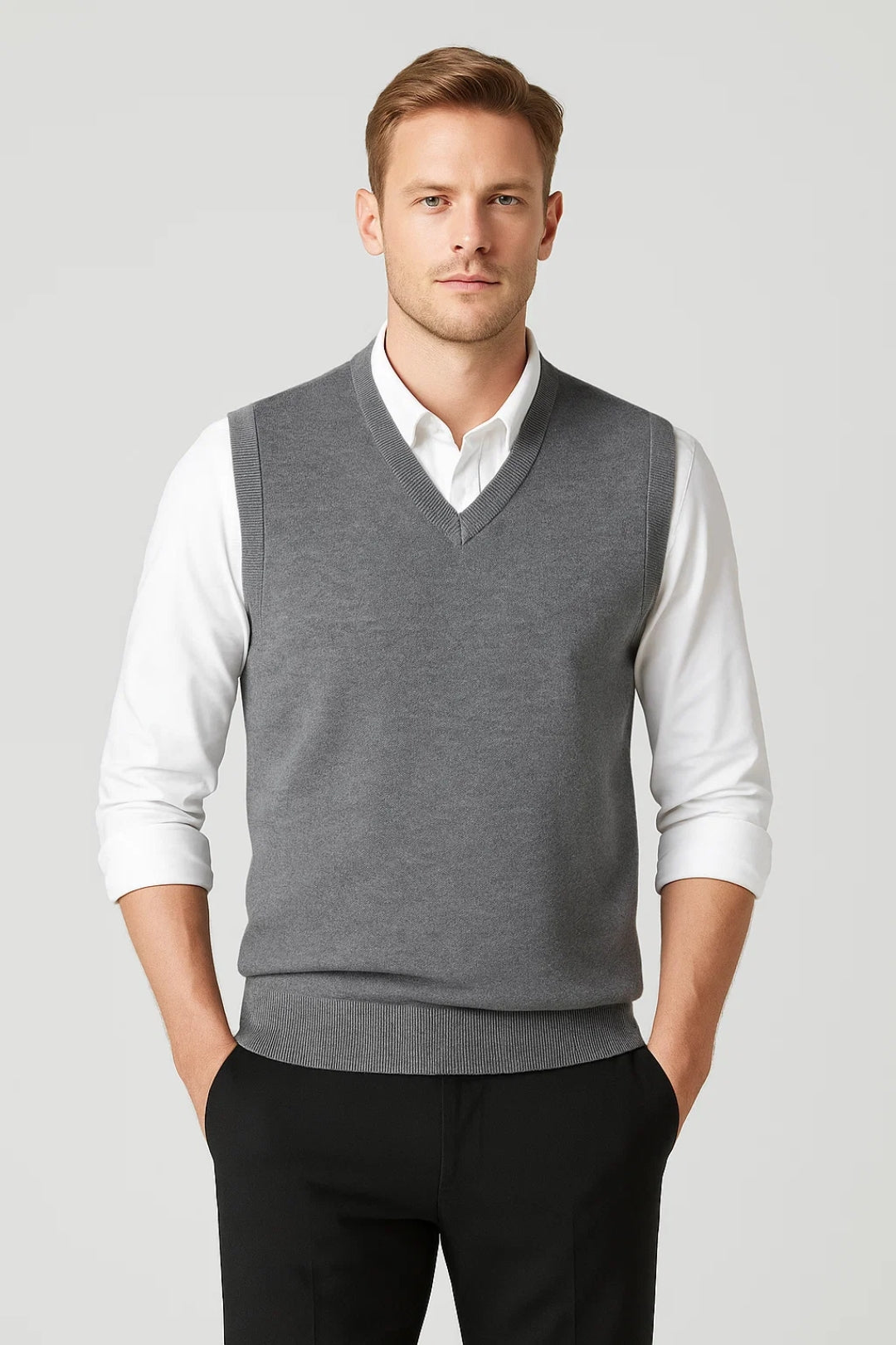 Men's V-neck sweater vest with ribbed trim over a collared shirt