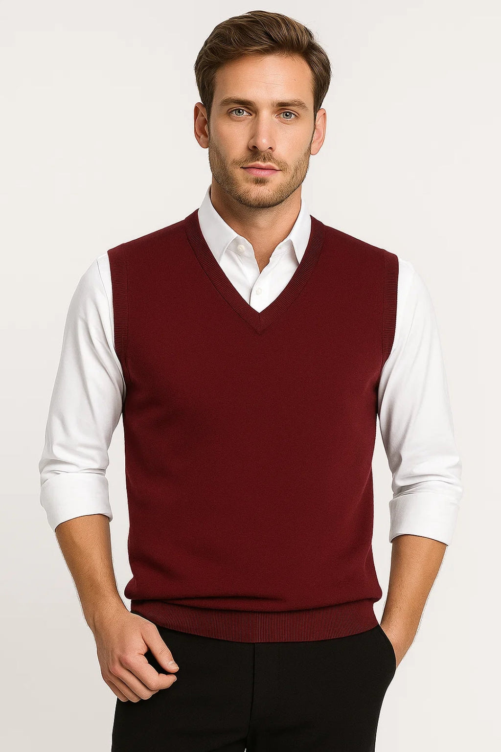 Men's V-neck sweater vest with ribbed trim over a collared shirt