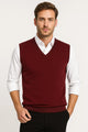 Men's V-neck sweater vest with ribbed trim over a collared shirt