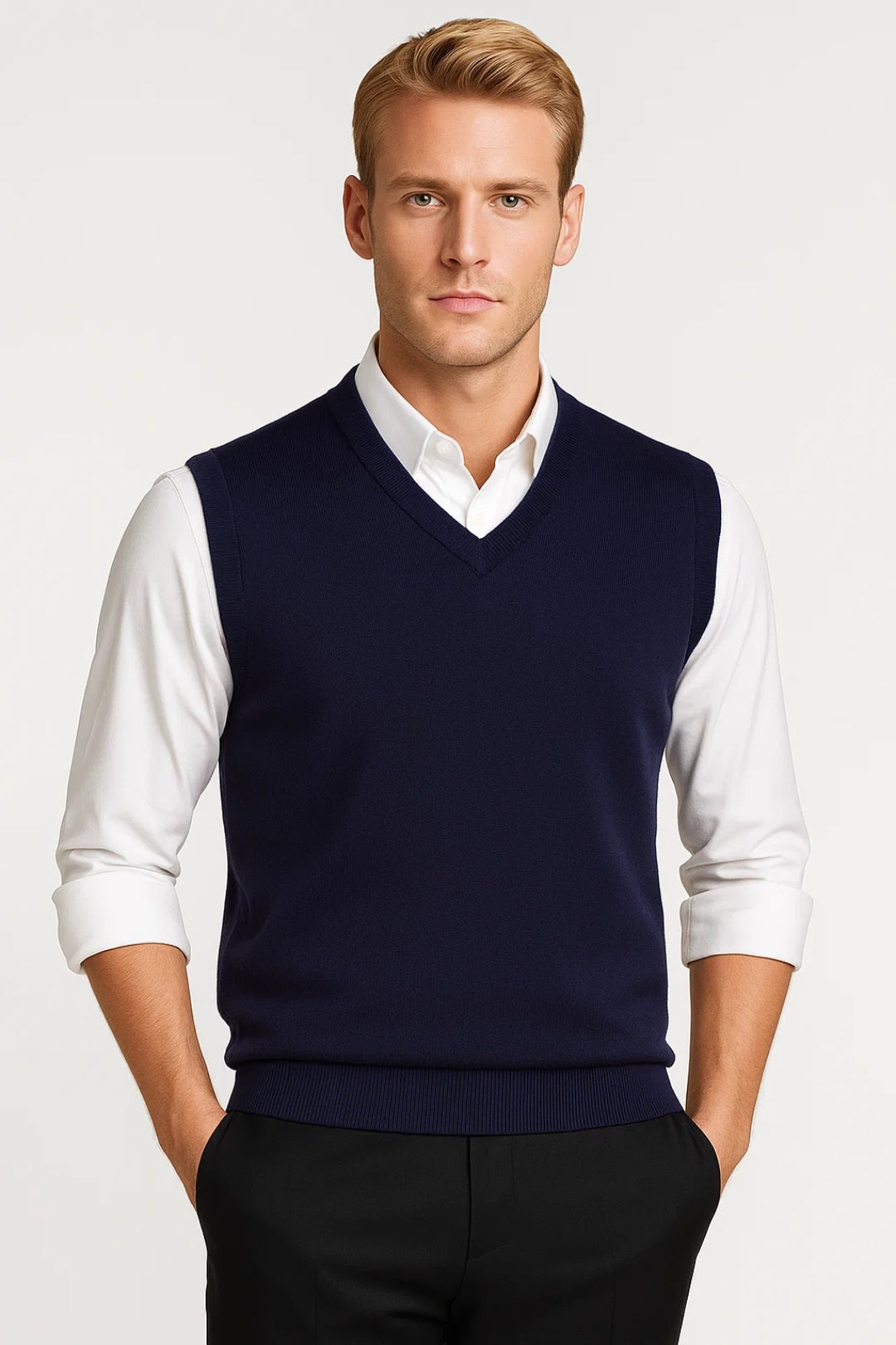Men's V-neck sweater vest with ribbed trim over a collared shirt