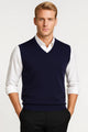 Men's V-neck sweater vest with ribbed trim over a collared shirt