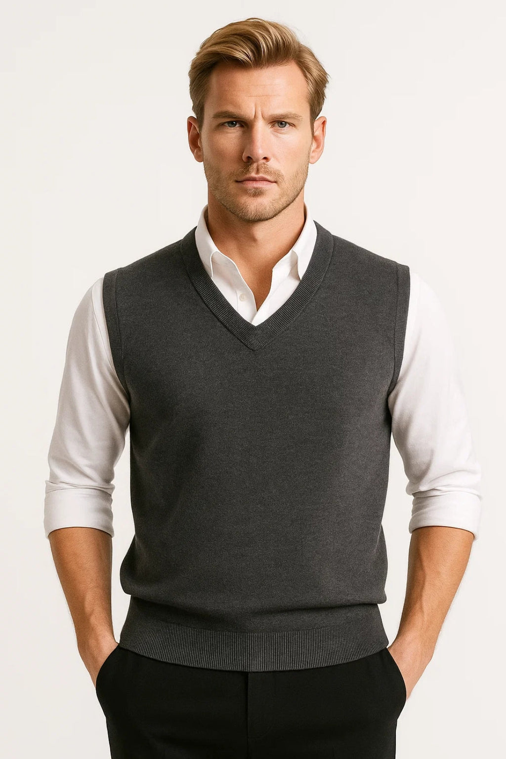 Men's V-neck sweater vest with ribbed trim over a collared shirt