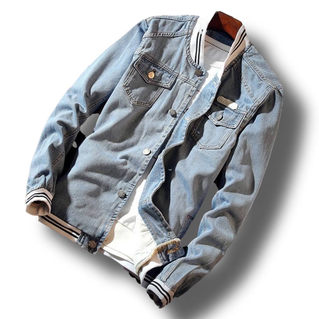 Men's light blue denim jacket with button front and ribbed trims