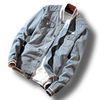 Men's light blue denim jacket with button front and ribbed trims