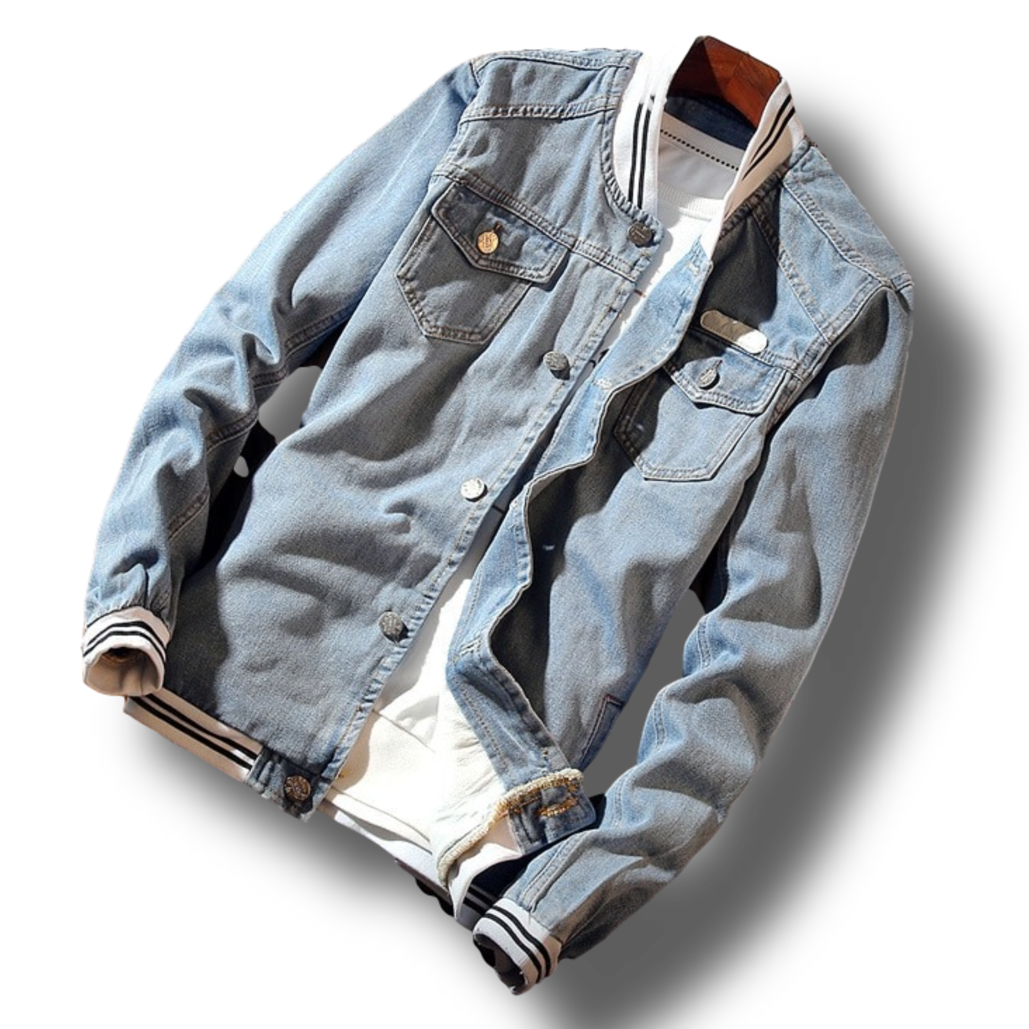 Men's light blue denim jacket with button front and ribbed trims