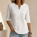 Women's waffle texture Henley top with three-quarter sleeves