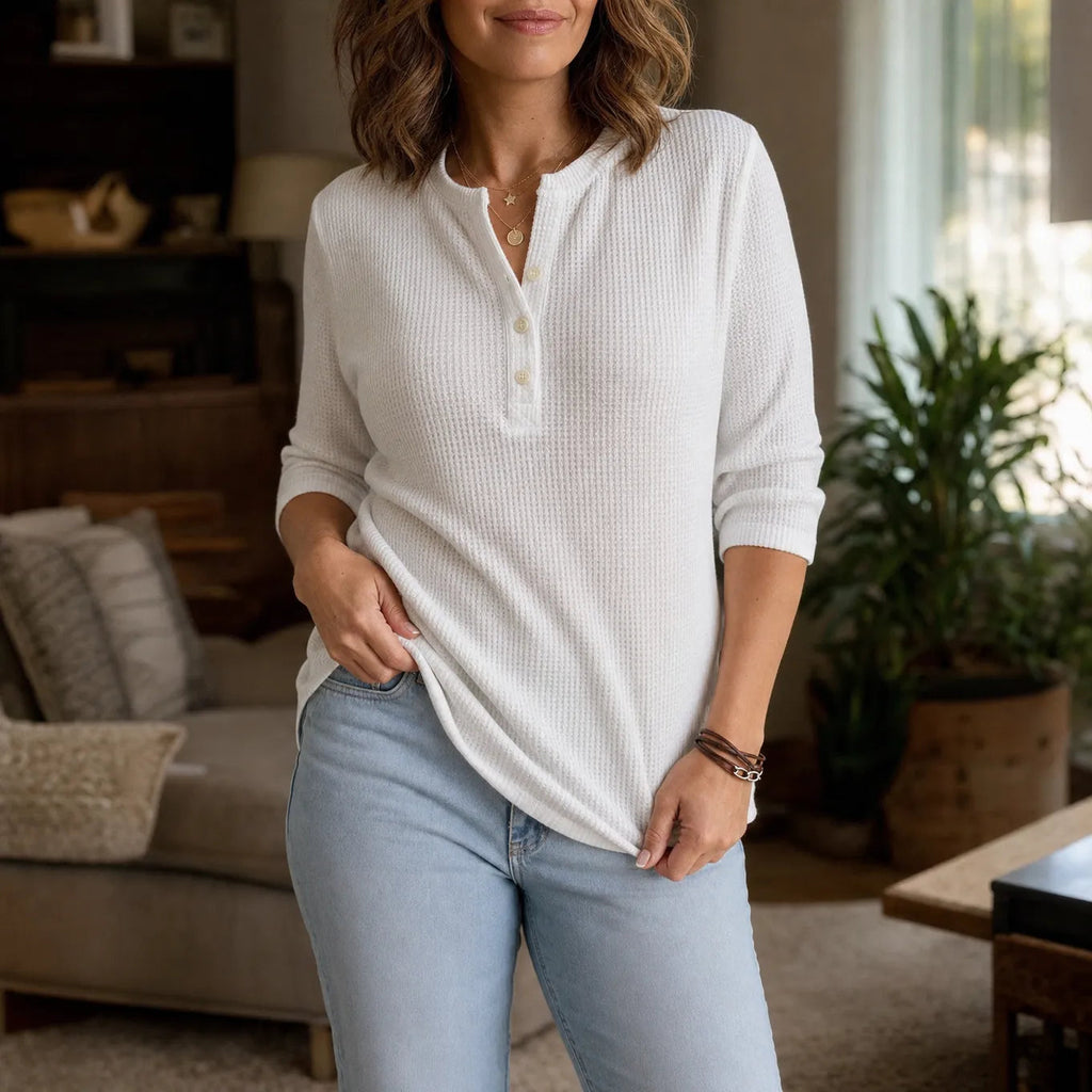 Women's waffle texture Henley top with three-quarter sleeves