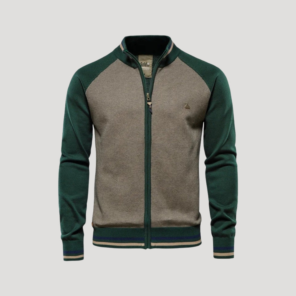 Men's colourblock knitted bomber jacket with zip front and stand collar