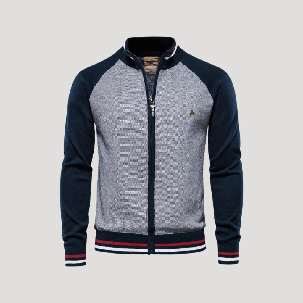 Men's colourblock knitted bomber jacket with zip front and stand collar