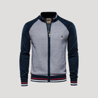 Men's colourblock knitted bomber jacket with zip front and stand collar