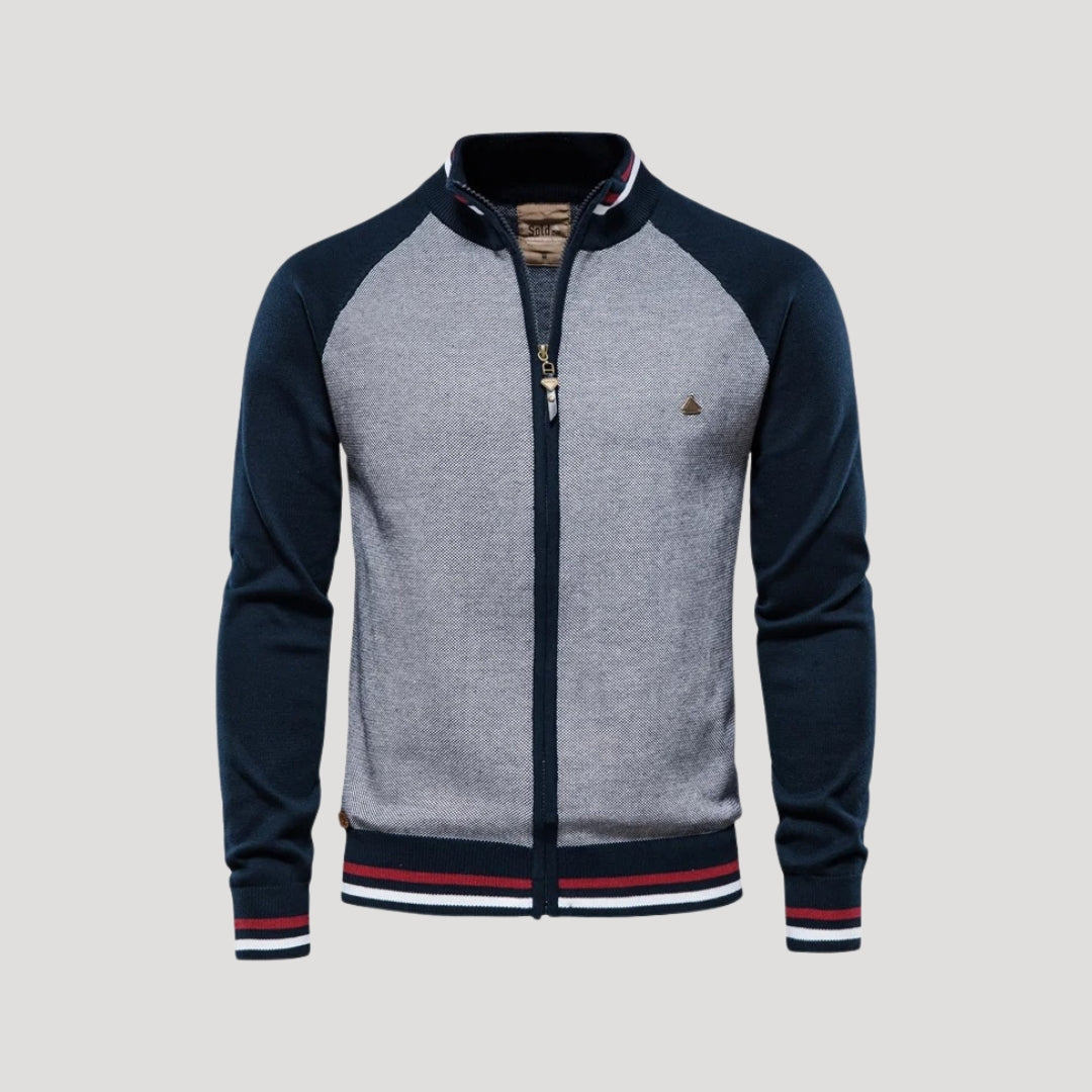 Men's colourblock knitted bomber jacket with zip front and stand collar