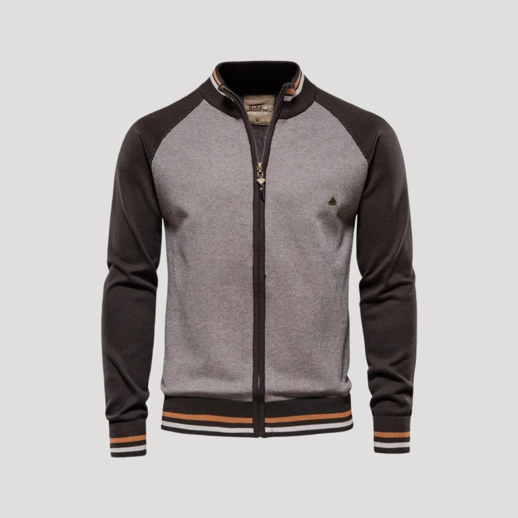 Men's colourblock knitted bomber jacket with zip front and stand collar