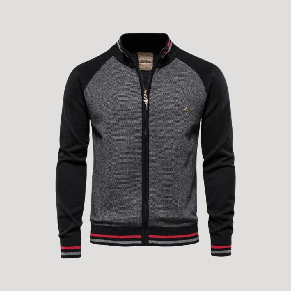 Men's colourblock knitted bomber jacket with zip front and stand collar