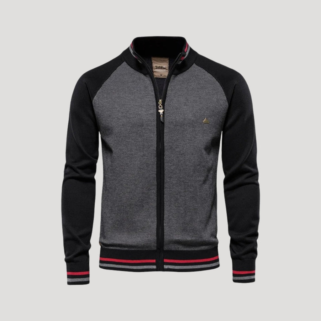 Men's colourblock knitted bomber jacket with zip front and stand collar