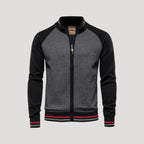 Men's colourblock knitted bomber jacket with zip front and stand collar