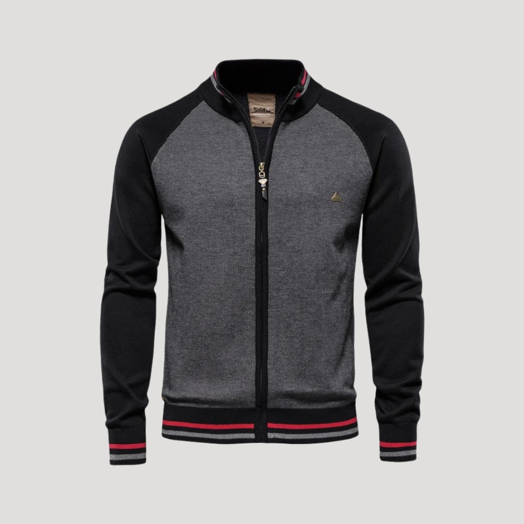 Men's colourblock knitted bomber jacket with zip front and stand collar