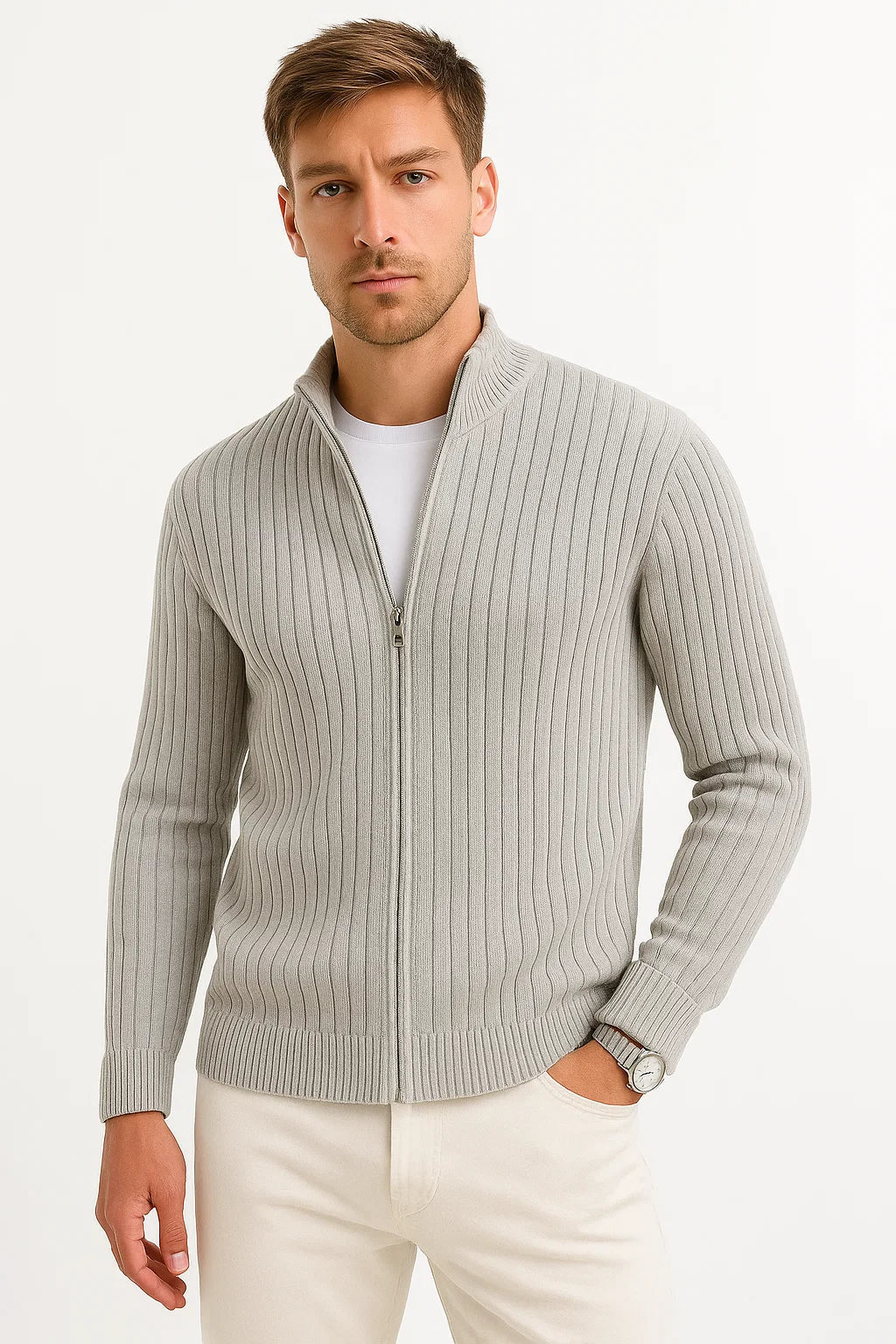 Men's ribbed mock neck cardigan with long sleeves and full-zip front