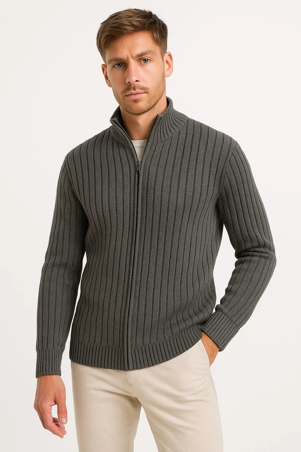 Men's ribbed mock neck cardigan with long sleeves and full-zip front