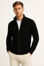Men's ribbed mock neck cardigan with long sleeves and full-zip front