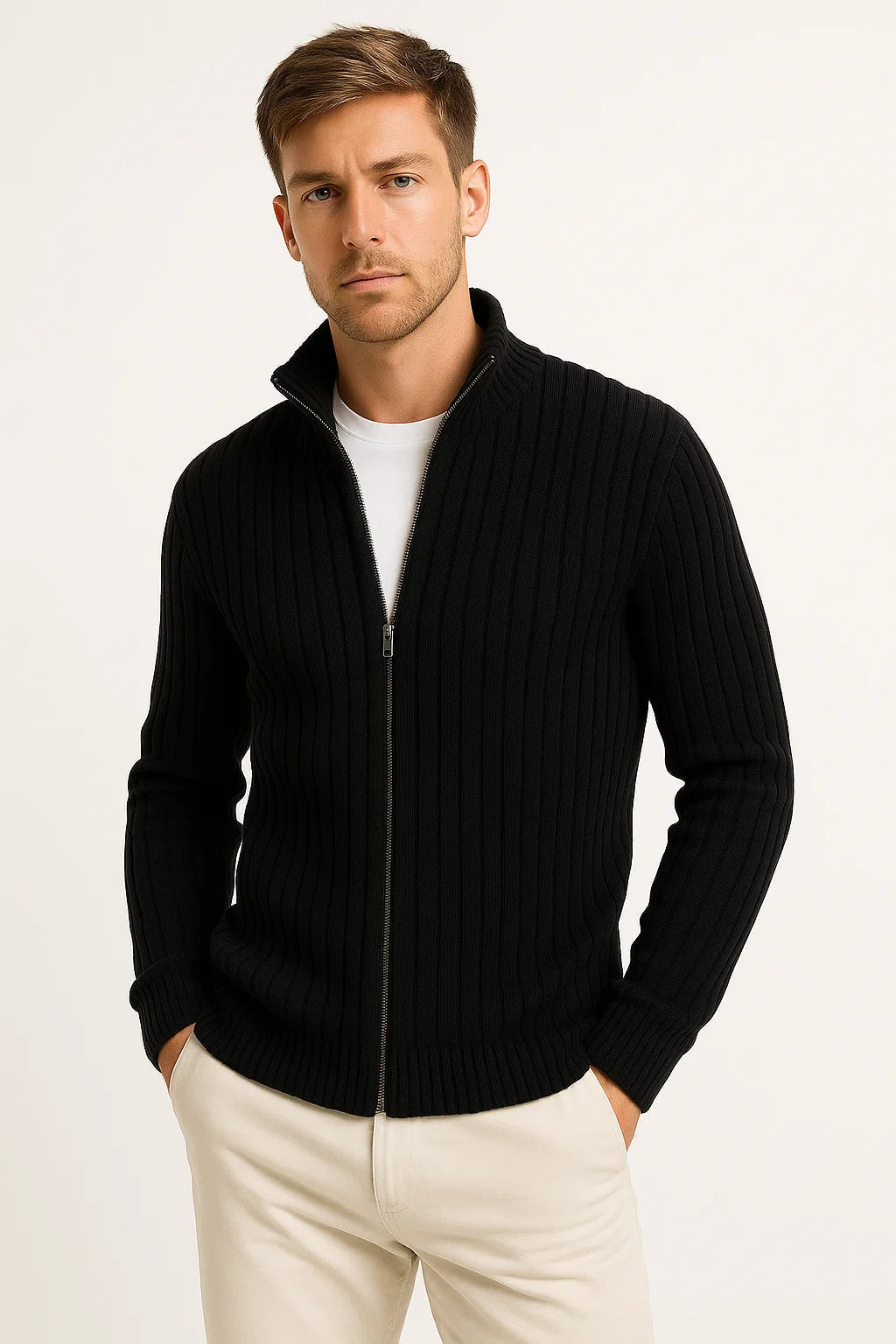 Men's ribbed mock neck cardigan with long sleeves and full-zip front