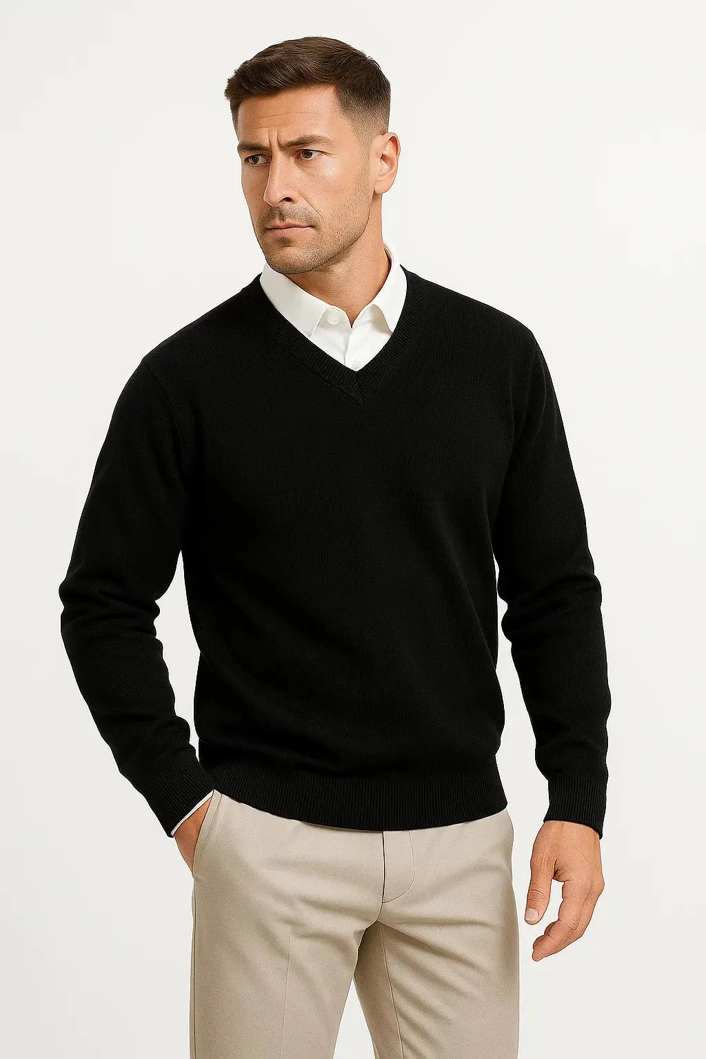 Men's plain V-neck pullover jumper with long sleeves
