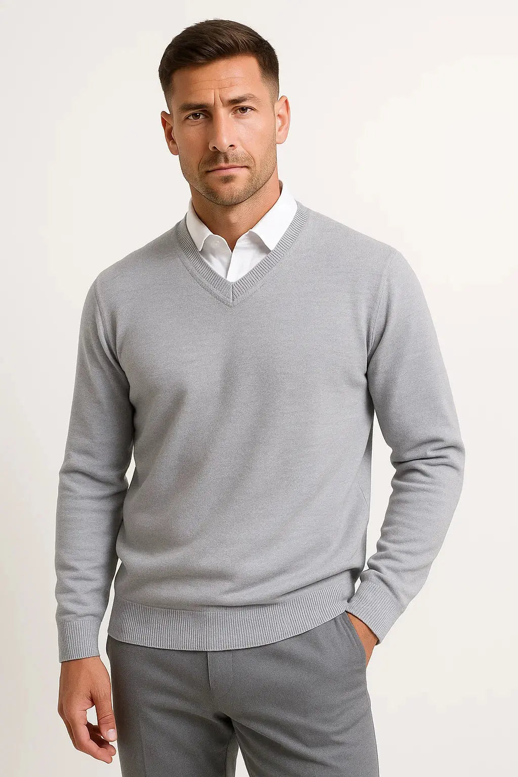 Men's plain V-neck pullover jumper with long sleeves