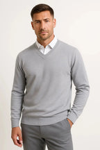 Men's plain V-neck pullover jumper with long sleeves
