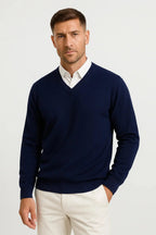 Men's plain V-neck pullover jumper with long sleeves