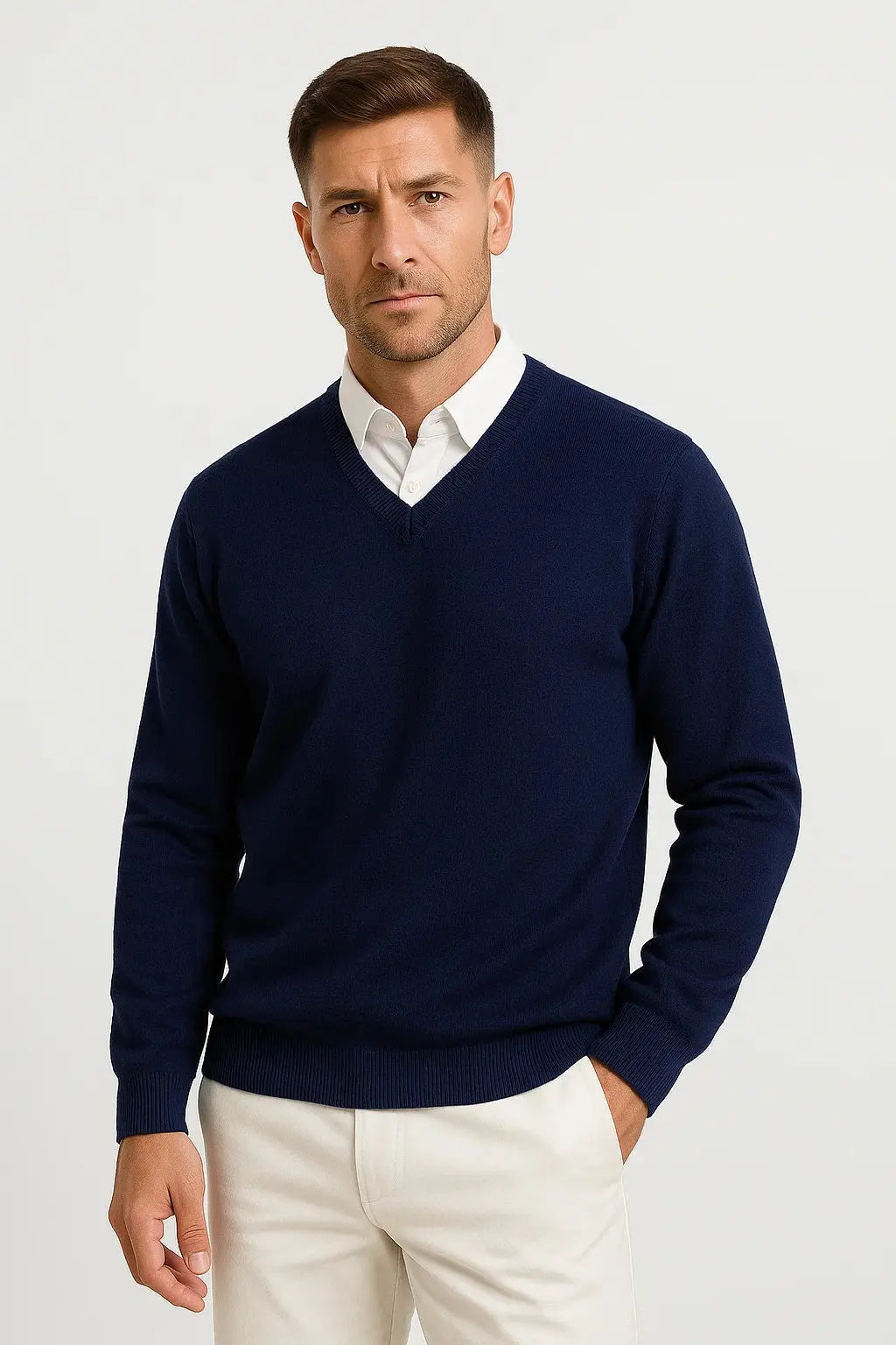 Men's plain V-neck pullover jumper with long sleeves