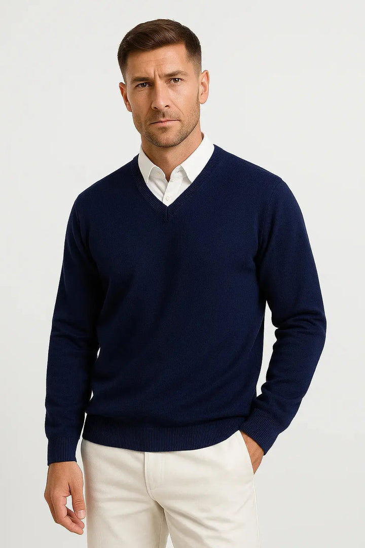 Men's plain V-neck pullover jumper with long sleeves