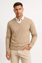 Men's plain V-neck pullover jumper with long sleeves