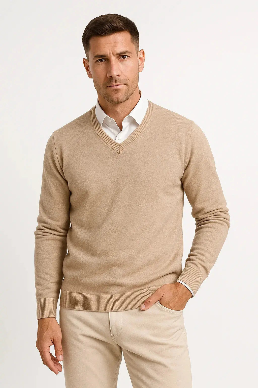 Men's plain V-neck pullover jumper with long sleeves