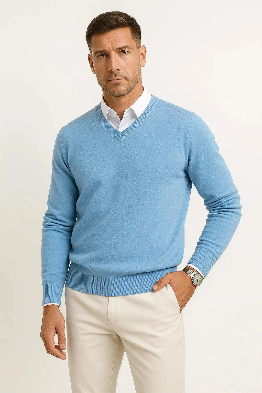 Men's plain V-neck pullover jumper with long sleeves
