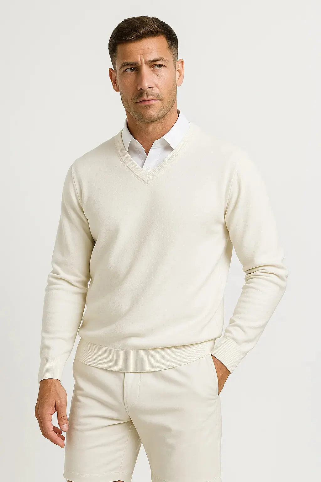 Men's plain V-neck pullover jumper with long sleeves