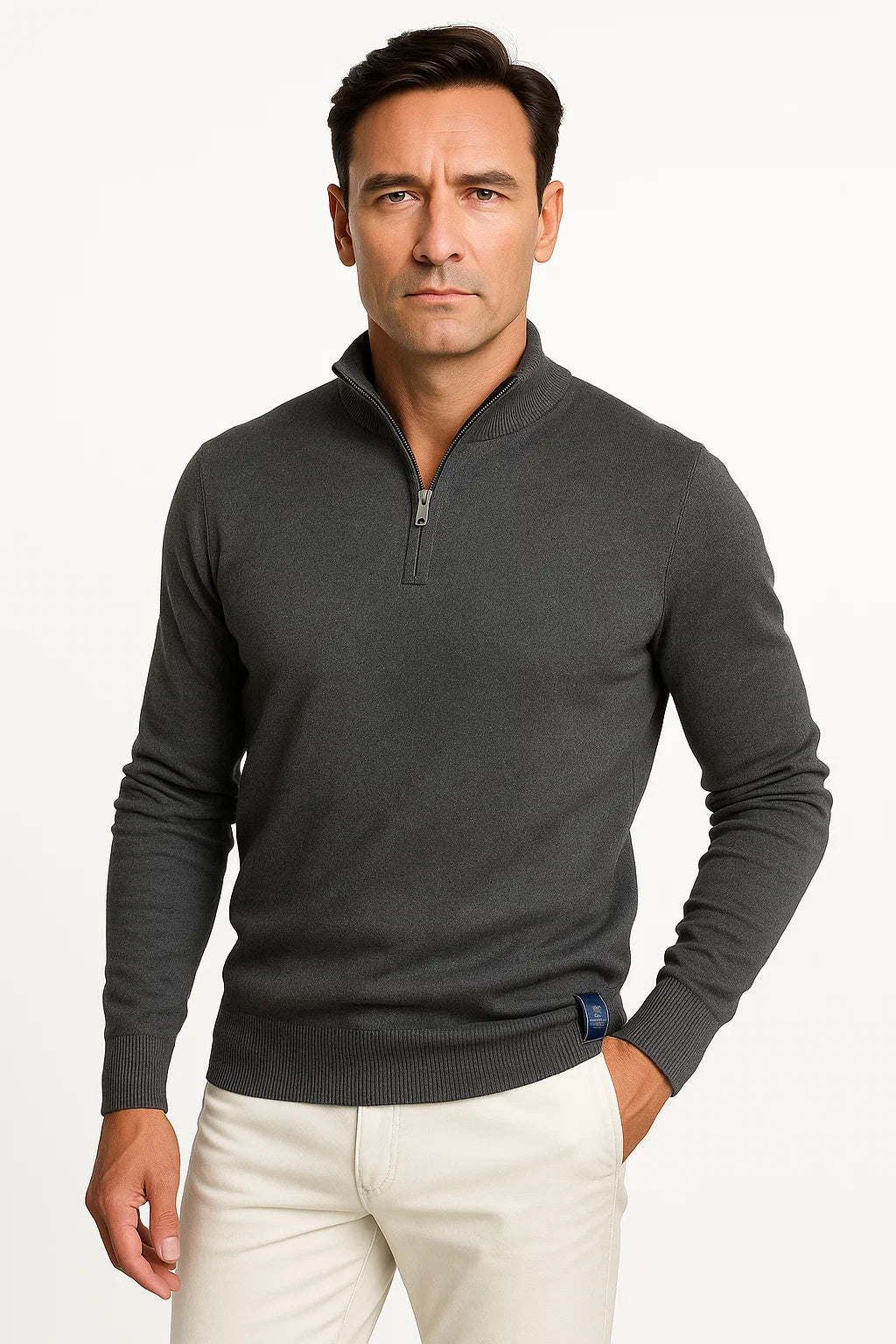 Men's textured quarter-zip jumper with high collar and long sleeves