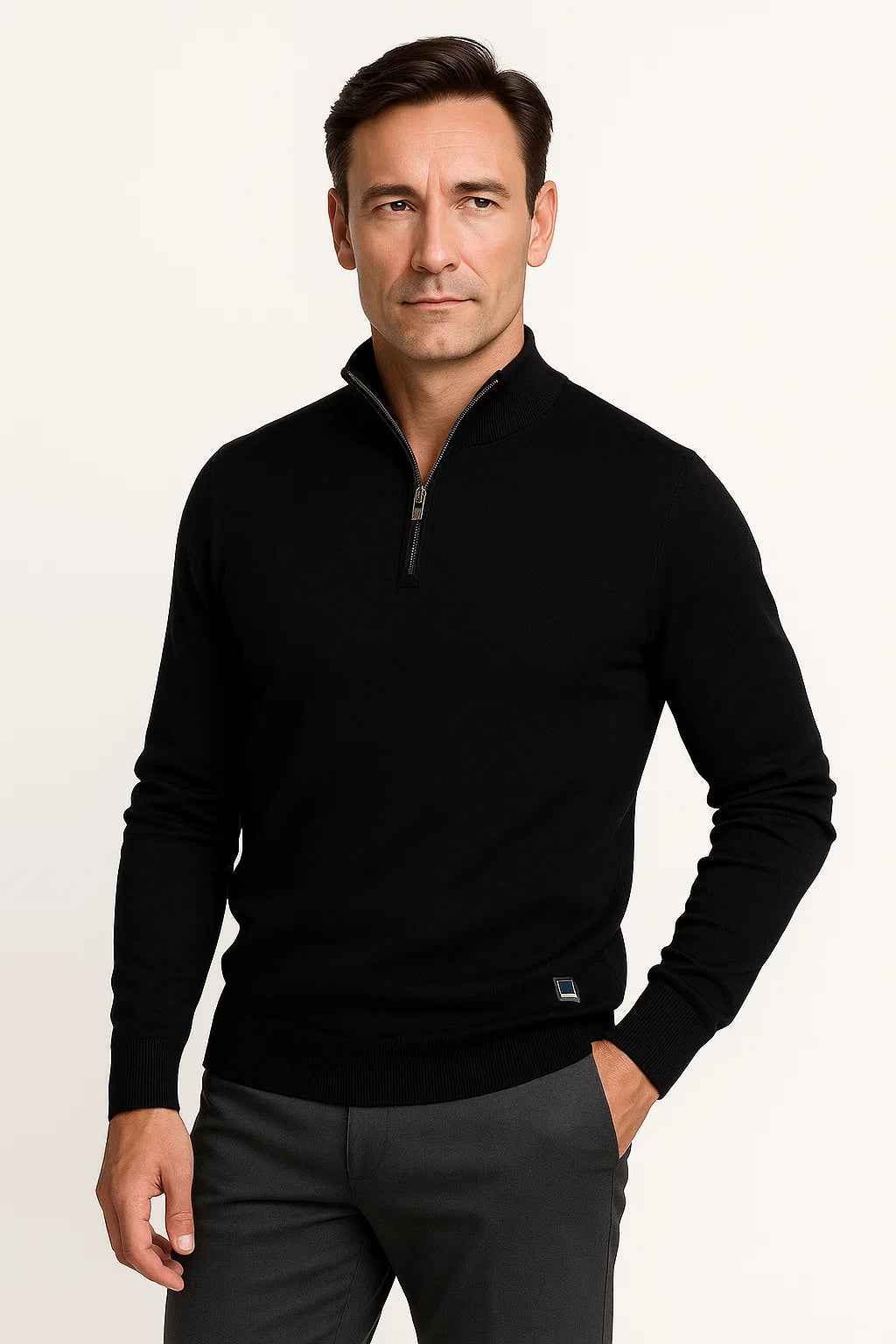 Men's textured quarter-zip jumper with high collar and long sleeves
