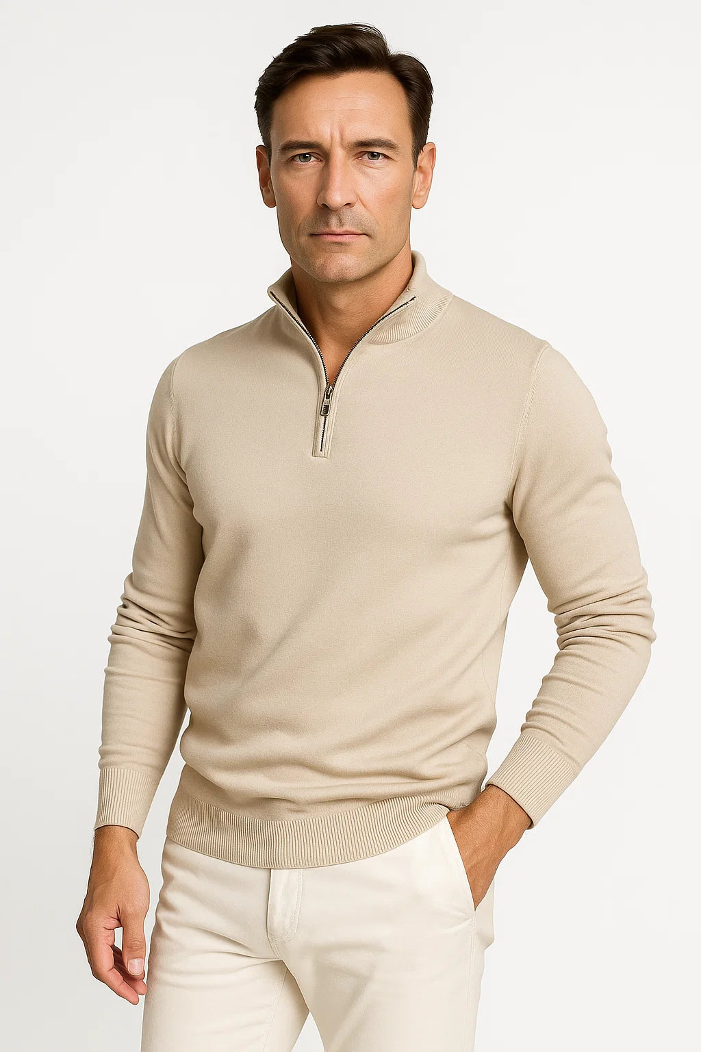 Men's textured quarter-zip jumper with high collar and long sleeves