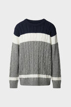 Men's cable knit colour block jumper with crew neck and long sleeves