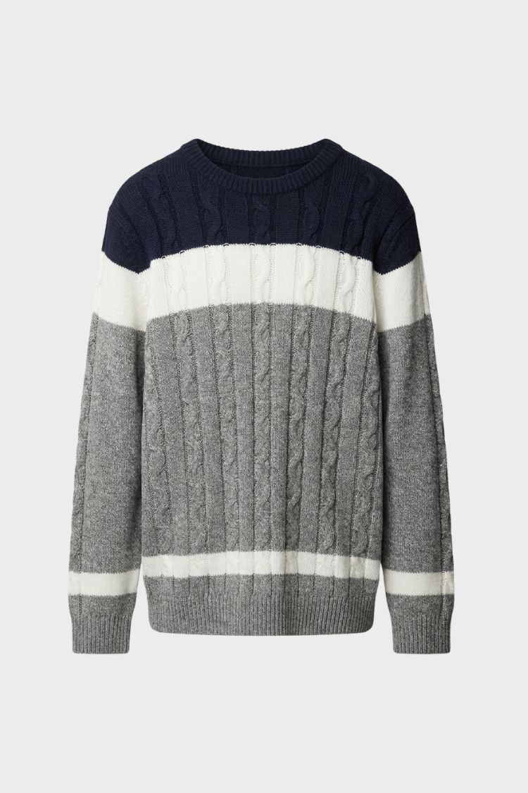 Men's cable knit colour block jumper with crew neck and long sleeves