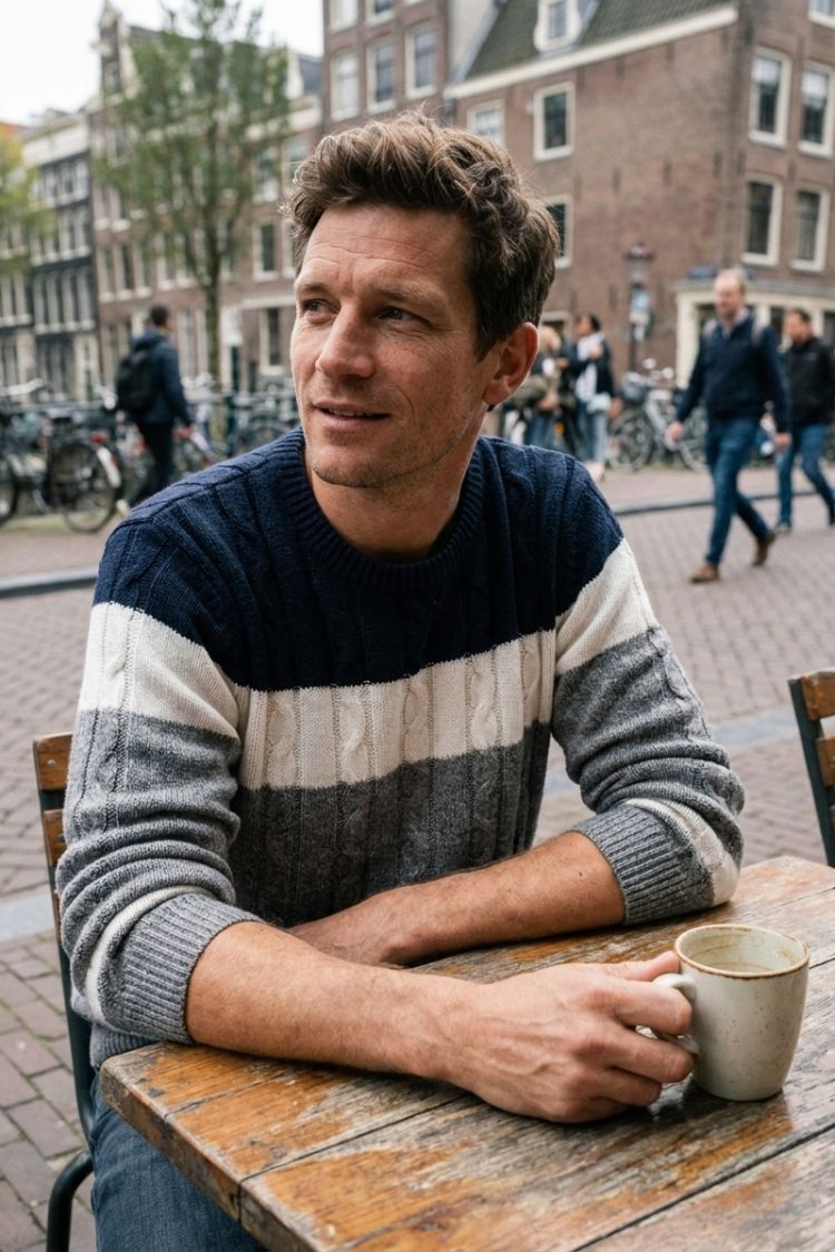 Men's cable knit colour block jumper with crew neck and long sleeves