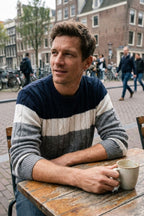 Men's cable knit colour block jumper with crew neck and long sleeves