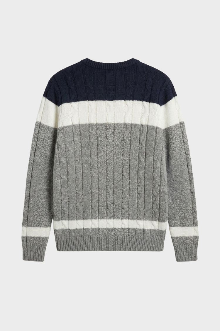 Men's cable knit colour block jumper with crew neck and long sleeves