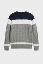 Men's cable knit colour block jumper with crew neck and long sleeves