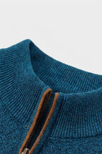 Men's quarter-zip mock neck sweater with contrast sleeve stripes