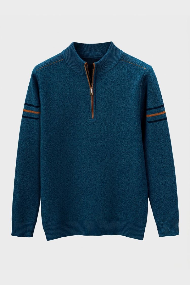 Men's quarter-zip mock neck sweater with contrast sleeve stripes