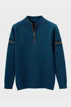 Men's quarter-zip mock neck sweater with contrast sleeve stripes