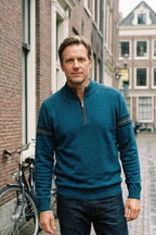 Men's quarter-zip mock neck sweater with contrast sleeve stripes