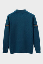 Men's quarter-zip mock neck sweater with contrast sleeve stripes
