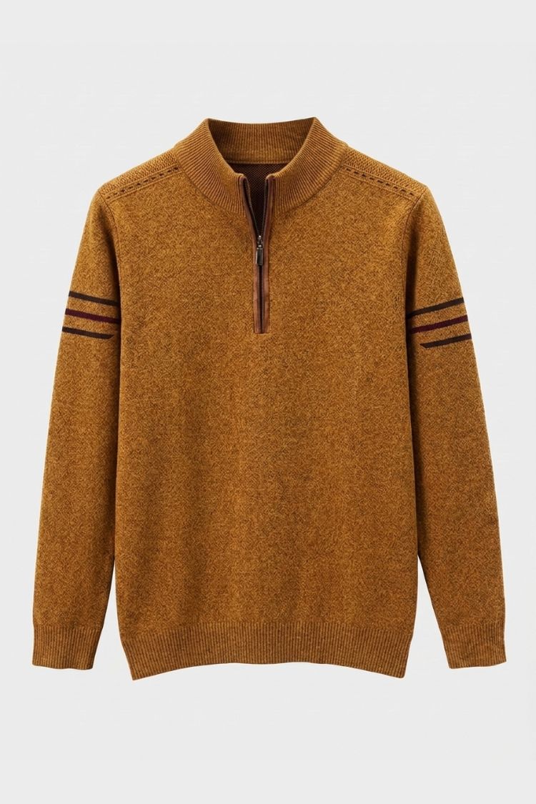 Men's quarter-zip mock neck sweater with contrast sleeve stripes