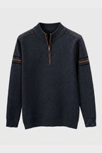 Men's quarter-zip mock neck sweater with contrast sleeve stripes